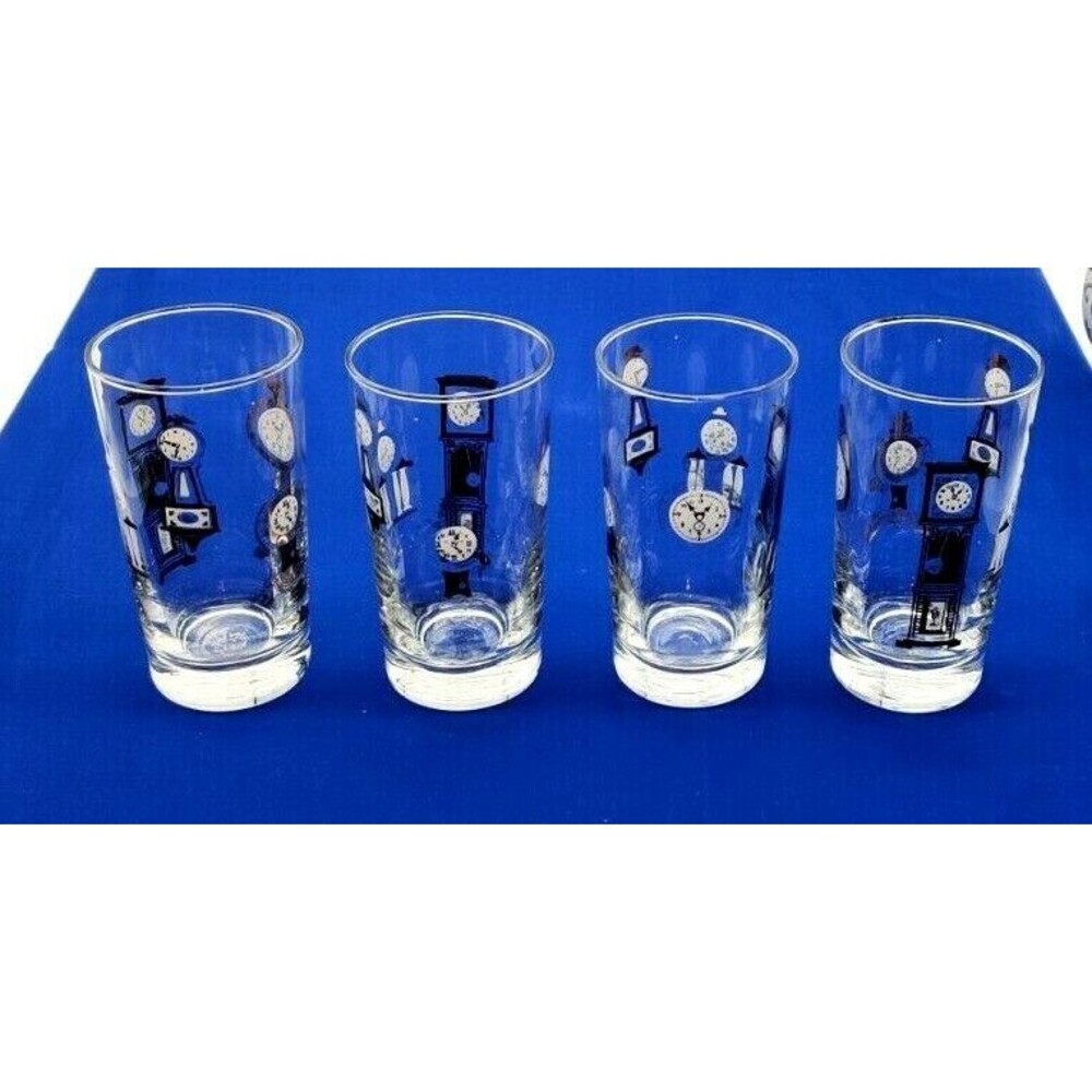 4 VINTAGE LIBBEY HIGH BALL GLASSES BLACK GOLD TIME PIECES CLOCKS